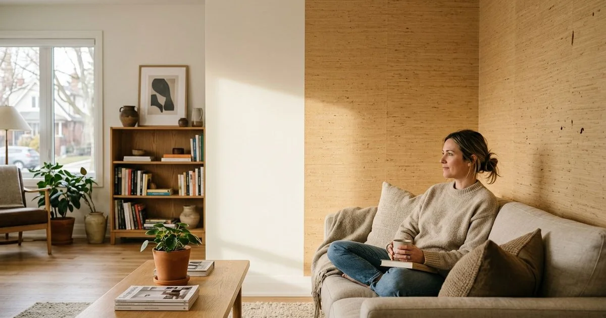 Side-by-side comparison of a luxury living room with a painted accent wall on one side and grasscloth wallpaper on the other