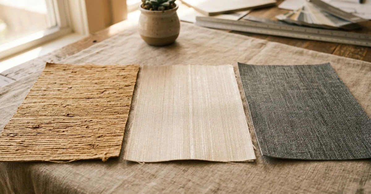Three-panel close-up comparison of grasscloth, silk, and vinyl wallcoverings side by side