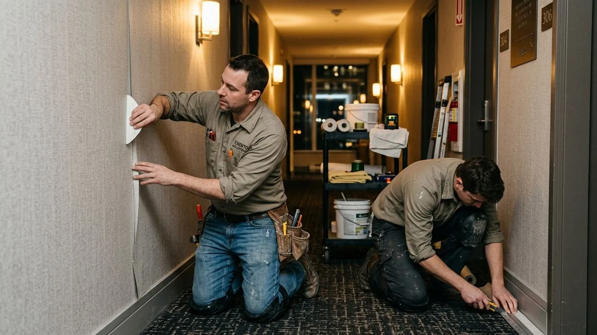 Commercial wallpaper installation crew working overnight in downtown Toronto boutique hotel corridor with proper PPE and Type II vinyl rolls staged