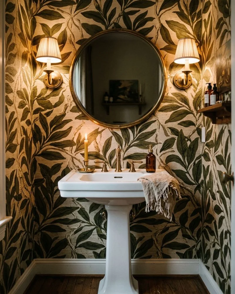 Forest Hill powder room with bold grasscloth pattern